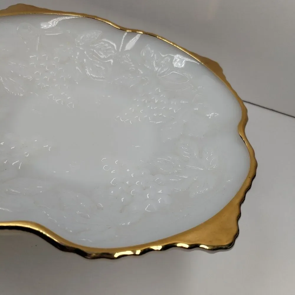 Anchor‎ Hocking Grape Leaves Milk Glass Low Pedestel Square Bowl With Gold Trim
